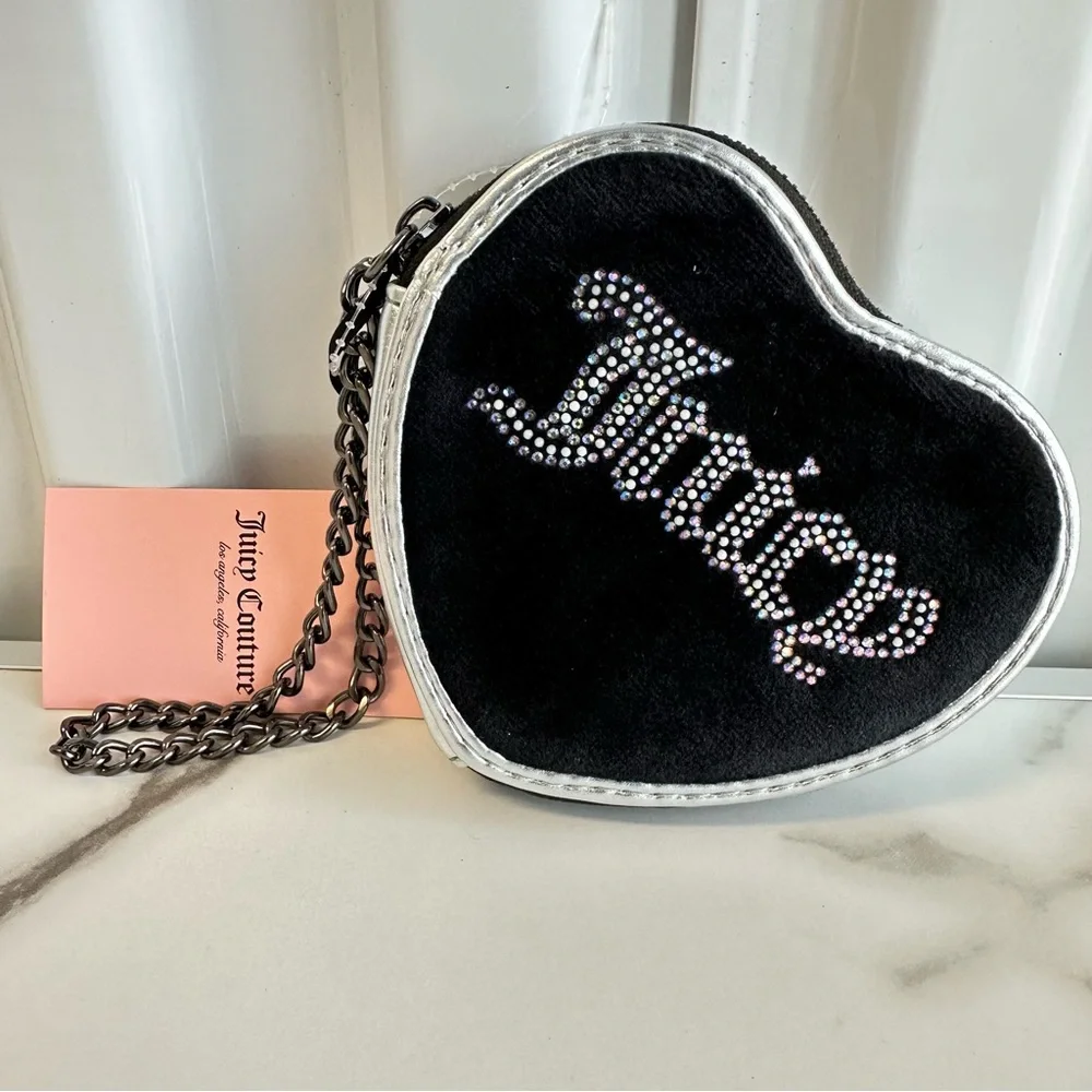 NWT Juicy Couture Black String of Pearls Heart Zip‎ Around Wristlet Coin Purse